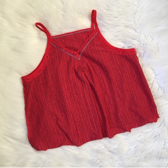 Free People Red Blue Striped Linen Tank Top Shirt - Picture 6 of 8